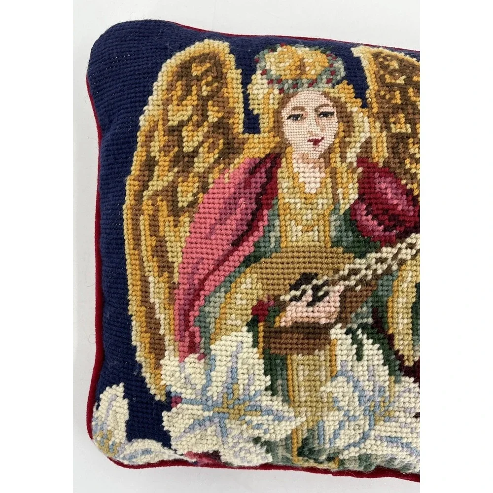 Vintage Needlepoint Wool Throw Pillow Christmas Angel Decor 9 x 9 Red Velvet